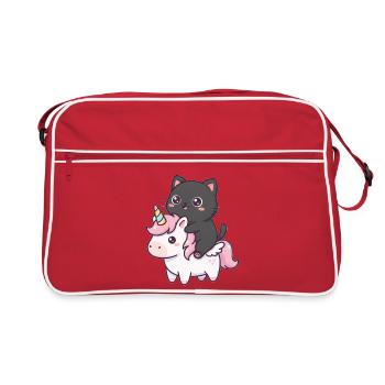 Katze auf Einhorn - Retro Tasche - Rot/Weiß - Vorne