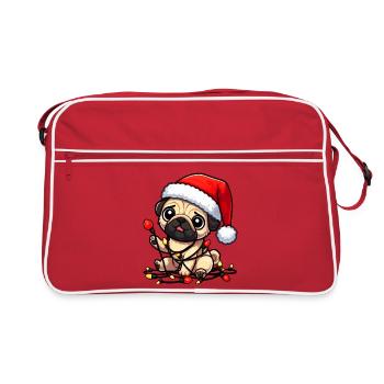 Dessin animé mignon carlin de Noël avec des guirlandes lumineuses - Sac Retro - rouge/blanc - Devant