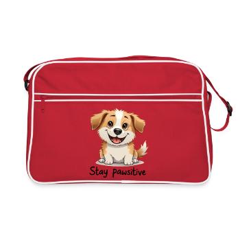"Stay pawsitive." Dog with a big grin - Retro Bag - red/white - Front