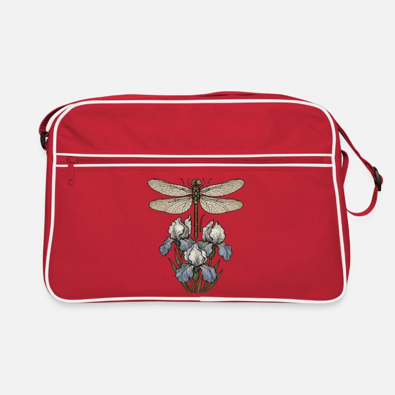 Libelle über Irisblüten Retro Tasche