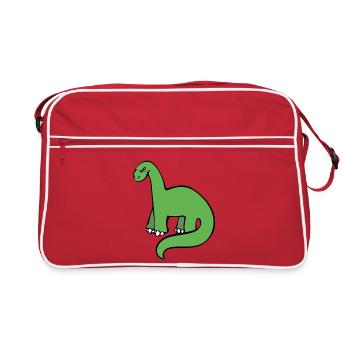 Smaragdgrüner Dino auf Schwarz - Retro Tasche - Rot/Weiß - Vorne