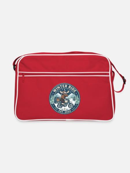 Winterfahrt: Elch auf Motorrad - Retro Tasche - Rot/Weiß