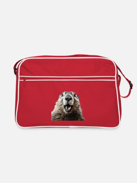 Murmeltier schaut in die Kamera - Lustig - Retro Tasche - Rot/Weiß - Vorne