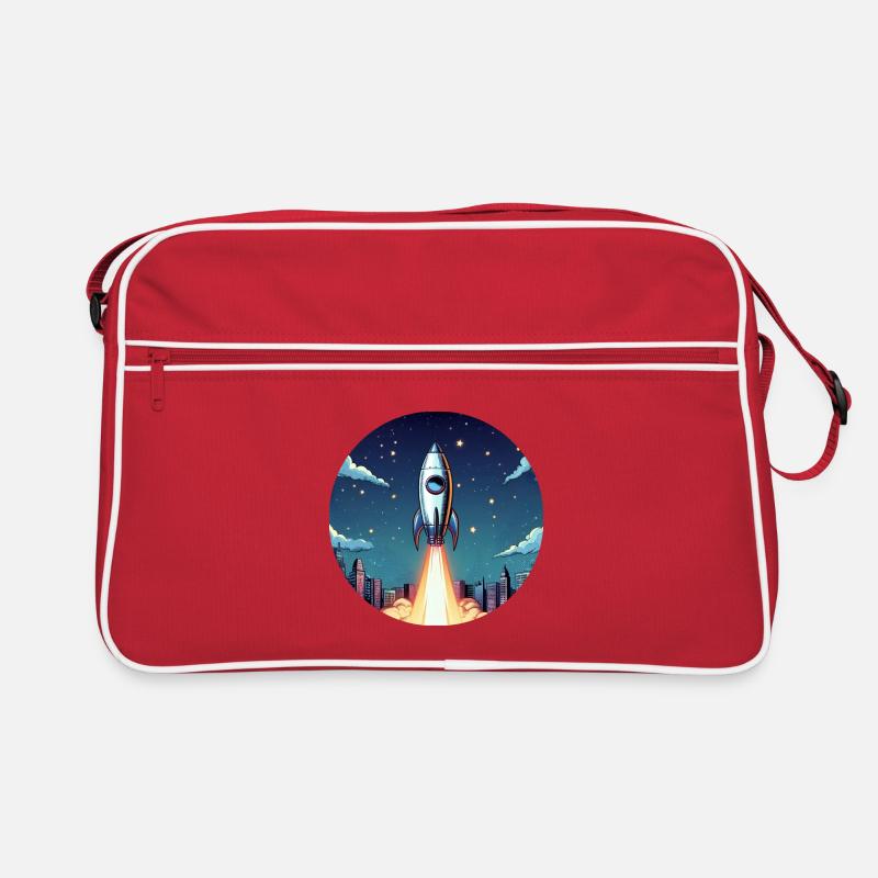 Rakete Start ins All vor Nachthimmel im Comic Stil Retro Tasche