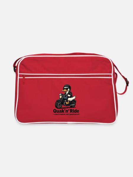 Quak’n’Ride – Motorrad Ente mit Spruch - Retro Tasche - Rot/Weiß - Vorne