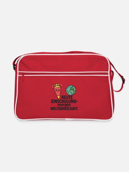 Einschulung | Heute Schule morgen Weltherrschaft - Retro Tasche - Rot/Weiß - Vorne