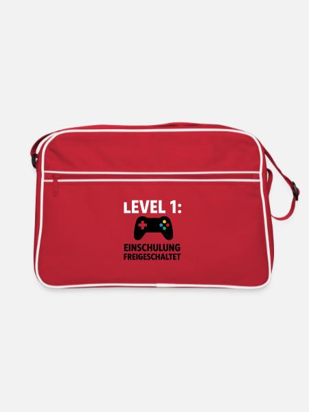 Gamer | Level 1: Einschulung Freigeschaltet - Retro Tasche - Rot/Weiß - Vorne