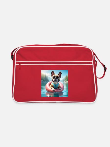 Verspielter French Bulldog auf Wasserring - Retro Tasche - Rot/Weiß - Vorne