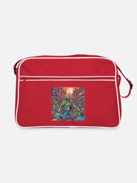 Zombiesturm in der Stadt - Retro Tasche - Rot/Weiß - Vorne
