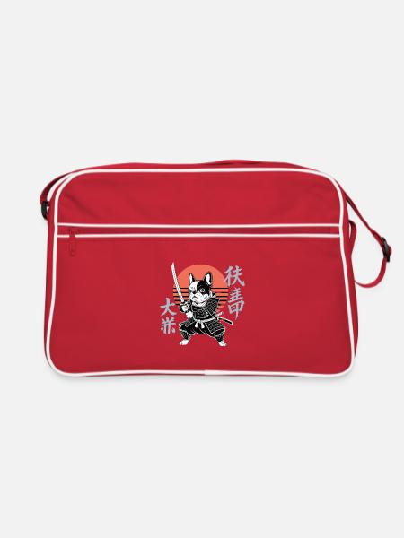 Samurai Bulldogge in der Herbstsonne - Retro Tasche - Rot/Weiß - Vorne