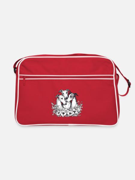 Trois lévriers dans un cercle de fleurs - Sac Retro - rouge/blanc - Devant