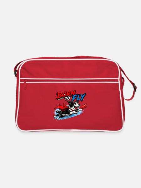 Geboren zum Fliegen Hund Dogfrisbee - Retro Tasche - Rot/Weiß - Vorne