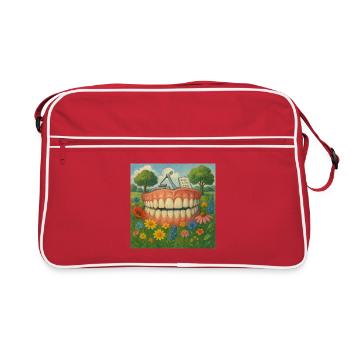 Surreale Zahnreihe im Blumengarten - Retro Tasche - Rot/Weiß - Vorne