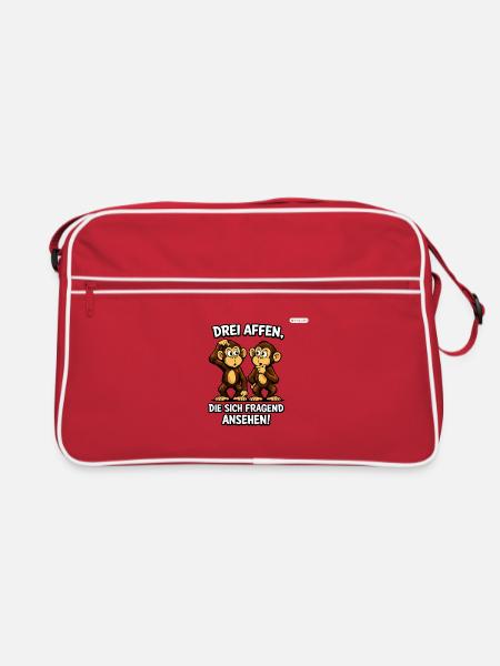 Drei Affen die sich fragend ansehen  - Retro Tasche - Rot/Weiß - Vorne