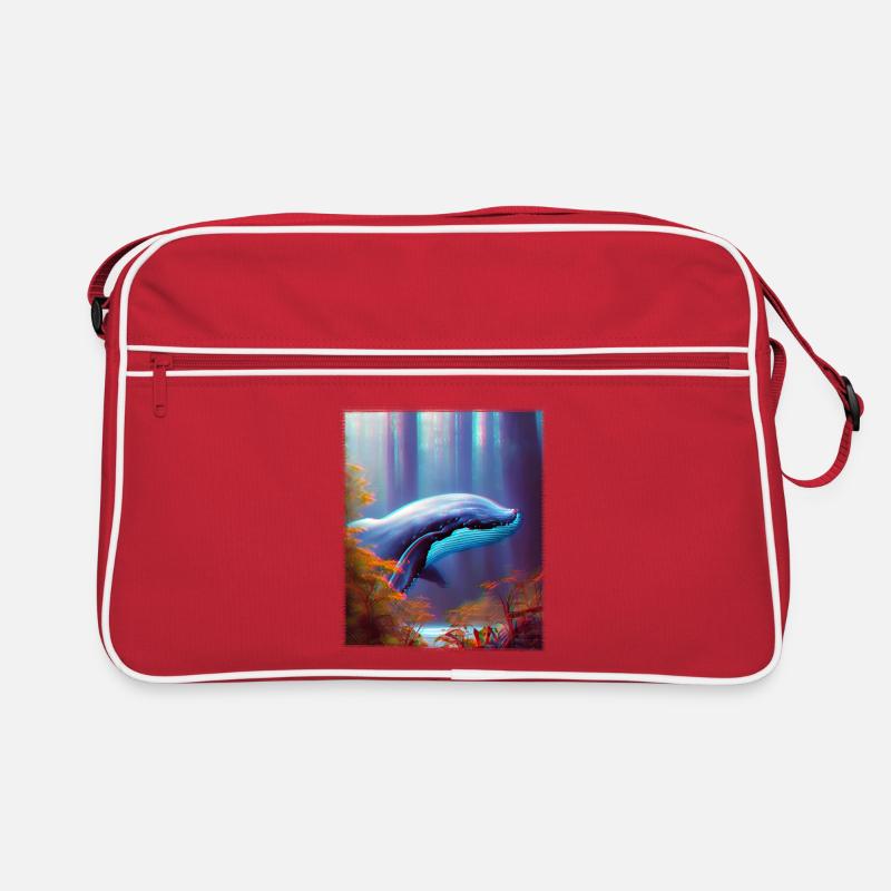 Blauwal schwebt durch den Wald Surrealismus Retro Tasche
