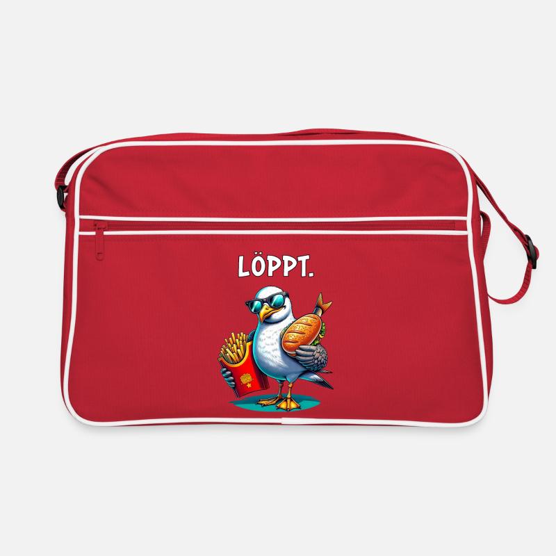 LÖPPT Möwe – Pommes & Fischbrötchen Cartoon - Retro Tasche - Rot/Weiß