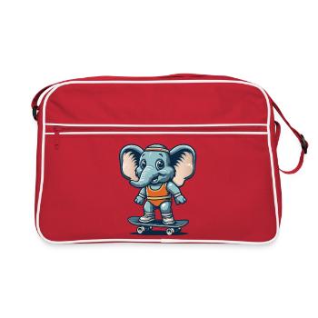 blauer Cartoon-Elefant auf dem Skateboard - Retro Tasche - Rot/Weiß - Vorne
