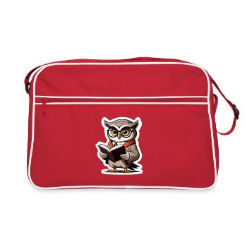 Eule mit Brille und Buch - Retro Tasche - Rot/Weiß - Vorne