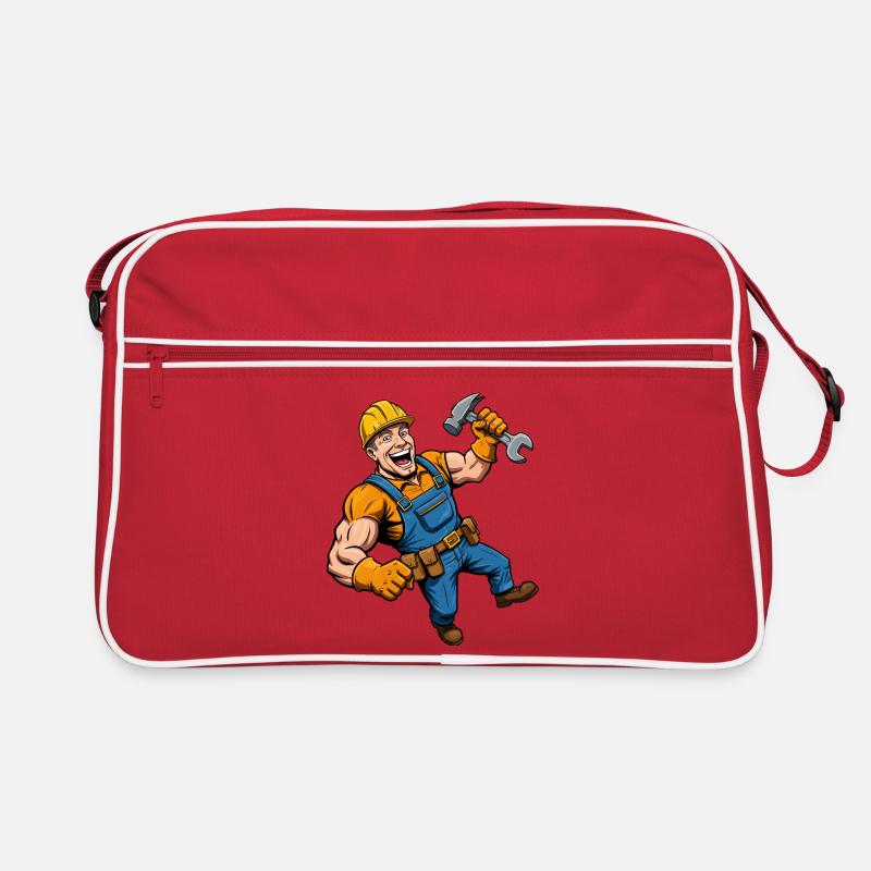 Fröhlicher Comic-Bauarbeiter mit Werkzeug Retro Tasche
