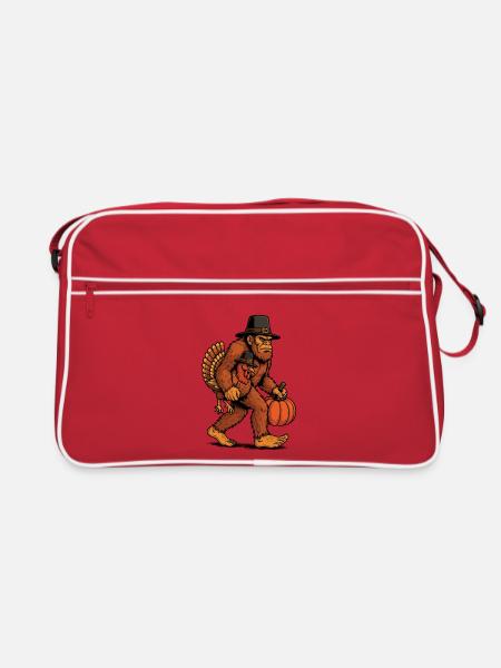 Bigfoot trägt Truthahn Thanksgiving Humor - Retro Tasche - Rot/Weiß - Vorne