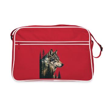 Waldwolf Portrait mit Bergen - Retro Tasche - Rot/Weiß - Vorne