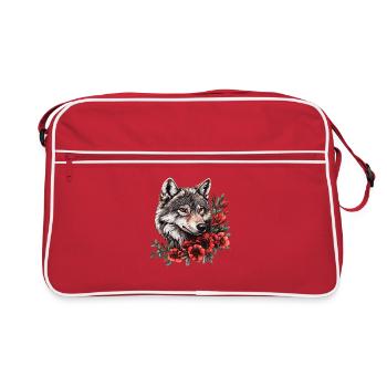 Wolfsgesicht mit roten Blüten - Retro Tasche - Rot/Weiß - Vorne