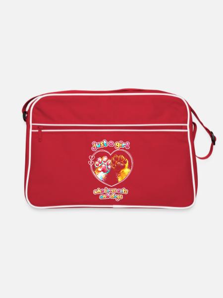 Just a Girl: Liebe zu Katzen und Hunden - Retro Tasche - Rot/Weiß - Vorne