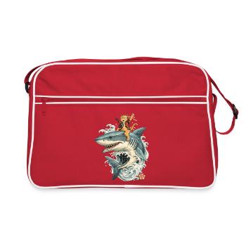 Samurai cat rides shark – wave ride in style - Retro Bag - red/white - Front