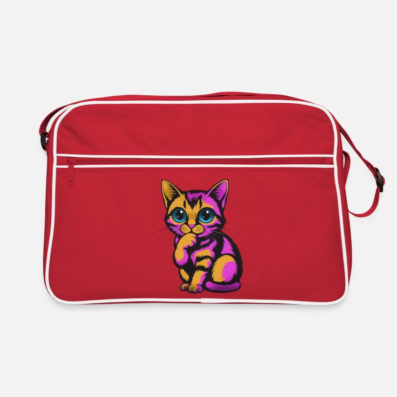 Bunter nachdenklicher Kater Neonfarben - Retro Tasche - Rot/Weiß