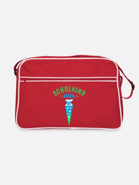 Schulkind 2026 Schultüte Sterne - blau grün - Retro Tasche - Rot/Weiß - Vorne
