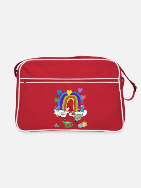 Kinder Fantasy Regenbogen Blumen Hühner  - Retro Tasche - Rot/Weiß - Vorne
