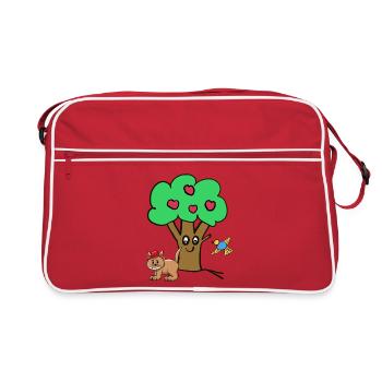 Apple Tree Cat Bird Kids Garden Nature - Retro Bag - red/white - Front