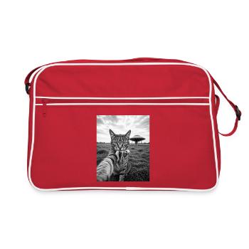 Selfie drôle de chat avec un extraterrestre et un OVNI - Sac Retro - rouge/blanc - Devant