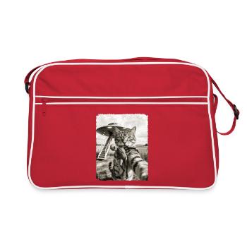 Selfie drôle de chat avec un extraterrestre et un OVNI - Sac Retro - rouge/blanc - Devant