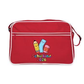 Schulkind 2026 – Bunte Schulzeit - Retro Tasche - Rot/Weiß - Vorne