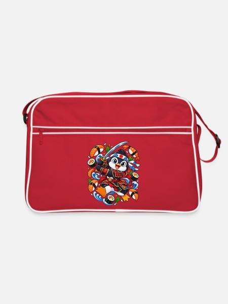 Samurai-Pinguin führt ein Sushi-Katana - Retro Tasche - Rot/Weiß