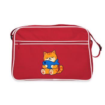 Orangefarbene getigerte Katze umarmt ein Fischkissen - Retro Tasche - Rot/Weiß - Vorne