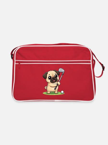 Mops Golf Golfer Süßer Cartoon - Retro Tasche - Rot/Weiß