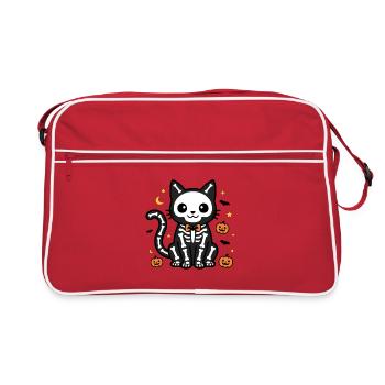 Niedliche Skelettkatze Halloween Süße, gruselige Katze - Retro Tasche - Rot/Weiß - Vorne