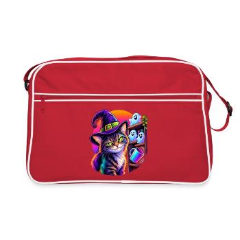 Halloween Katze mit Hexenhut und kippendem Objekt - Retro Tasche - Rot/Weiß - Vorne