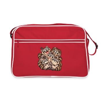 Fröhliche Waschbären-Familie - Retro Tasche - Rot/Weiß - Vorne