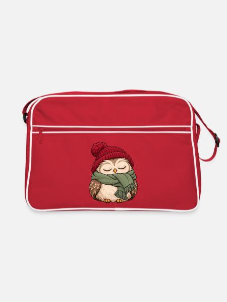 Wintereule im Schal - Retro Tasche - Rot/Weiß