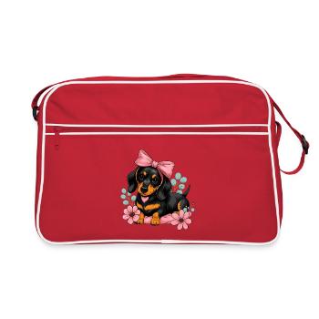 Dackel mit Pinker Schleife und Blumen - Retro Tasche - Rot/Weiß - Vorne