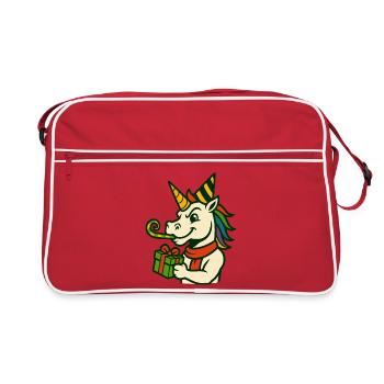 Einhorn hält ein Geschenk Spaß Festliche Feiertagskunst - Retro Tasche - Rot/Weiß - Vorne