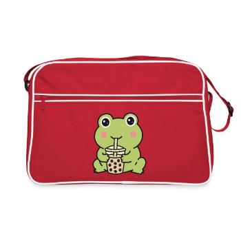 Süßer Kawaii-Frosch trinkt Bubble Tea Aufkleber - Retro Tasche - Rot/Weiß - Vorne