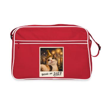 Bring On 2027 Glückskatze Selfie Silvester - Retro Tasche - Rot/Weiß - Vorne
