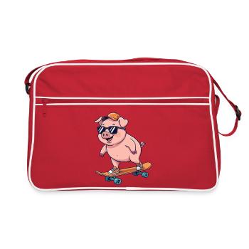 Skateur cartoon drôle de cochon patinant sur skateboard - Sac Retro - rouge/blanc - Devant