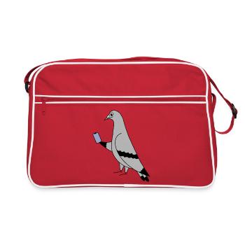 Pigeon Checking Phone – Minimal Illustration - Retro Tasche - Rot/Weiß - Vorne