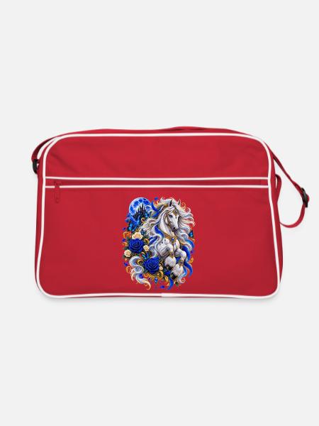 Weißes Fantasy Pferd mit blauen Rosen - Retro Tasche - Rot/Weiß