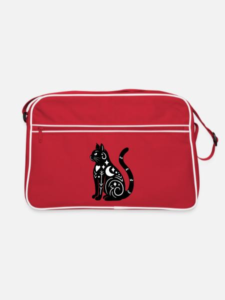 Magische Katze - Schwarz Weiß - Retro Tasche - Rot/Weiß